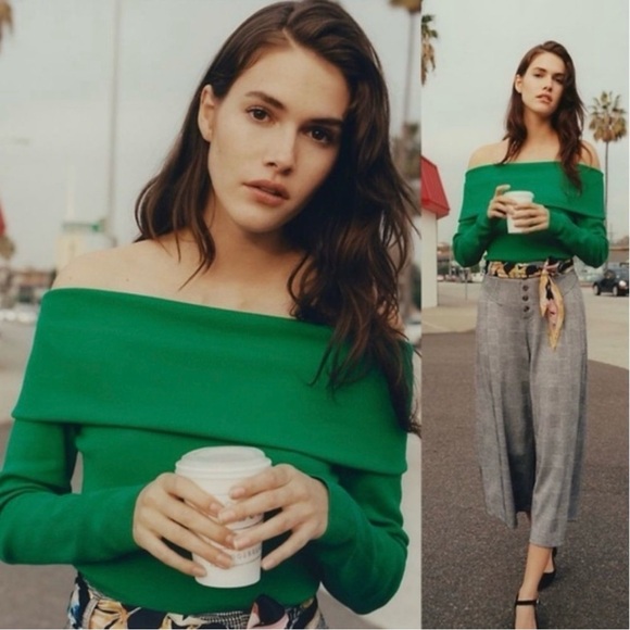 Anthropologie ett:twa cecily off the shoulder green sweater size extra small - Picture 1 of 8